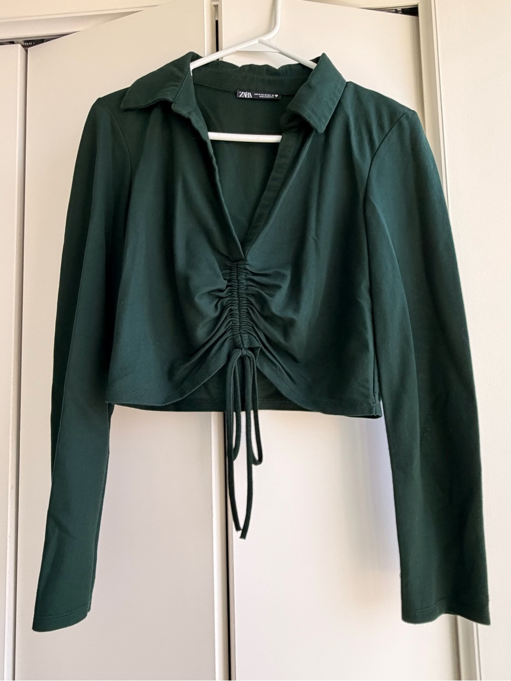 ZARA Ruched Drawstring Crop Top | Green | Size M